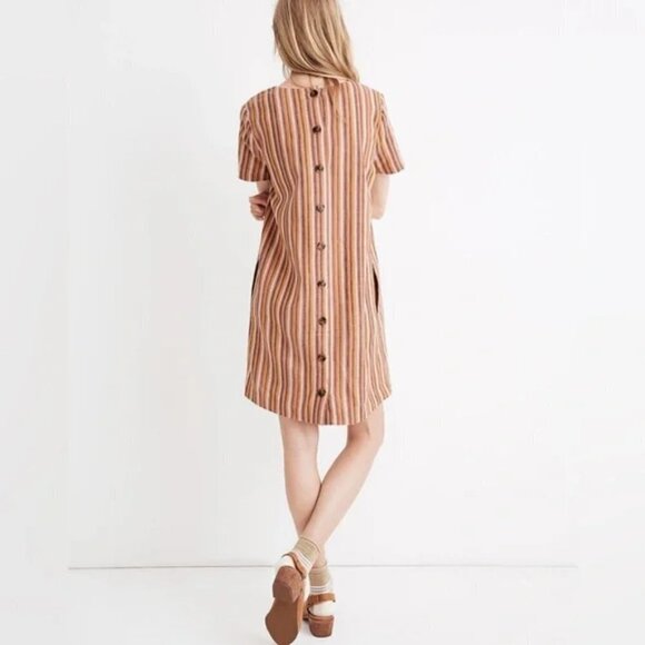Madewell Linen Button-Back Easy Mini V-neck Short Sleeve Dress Rainbow Stripe S - Picture 5 of 11